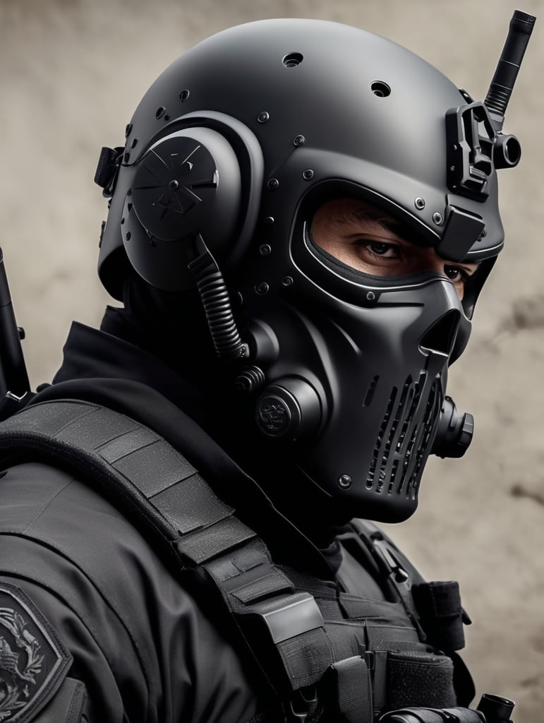 A military operative wearing a skull mask and a military tactical helmet with a hood attached and in black