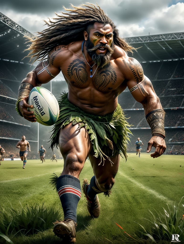 A Fijian warrior with long hair dressed in grass skirts wearing rugby boots with long socks,running with a rugby ball in his hand, scoring a try🏉