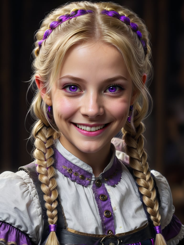 Blonde hair purple eyes pigtails smiling