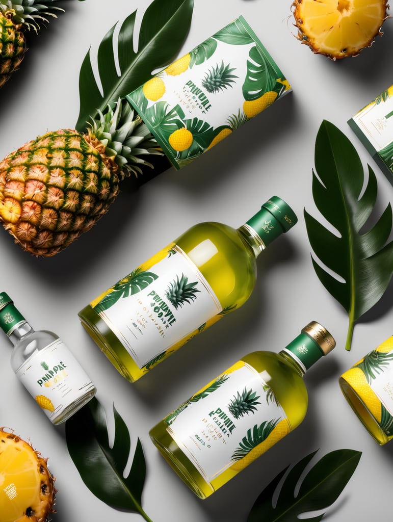 Packaging and branding for a pineapple vodka brand as if it had been designed by HI ESTUDIO with In a set design with pineapple, pineapple leaves.