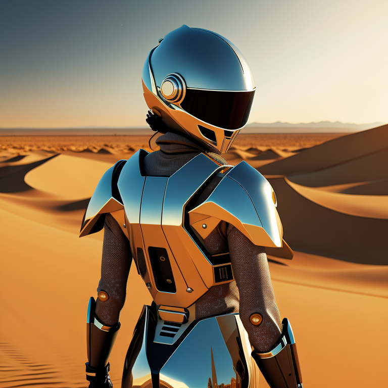 Cyber girl wearing chrome helmet, shining reflections, walking in the desert, photorealistic, hyperdetailed, dune atmosphere