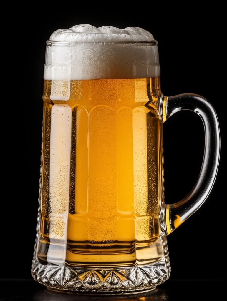 glass beer mug, isolated, black background, professional photo
