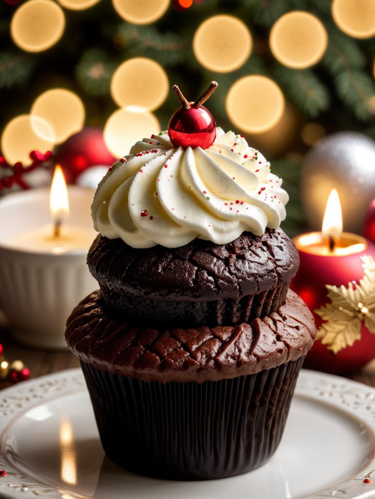 Delicious Christmas cupcake, with a very realistic pleasant setting, with a Christmas still life, only one piece comes out. Only one, Christmas, for advertising use.