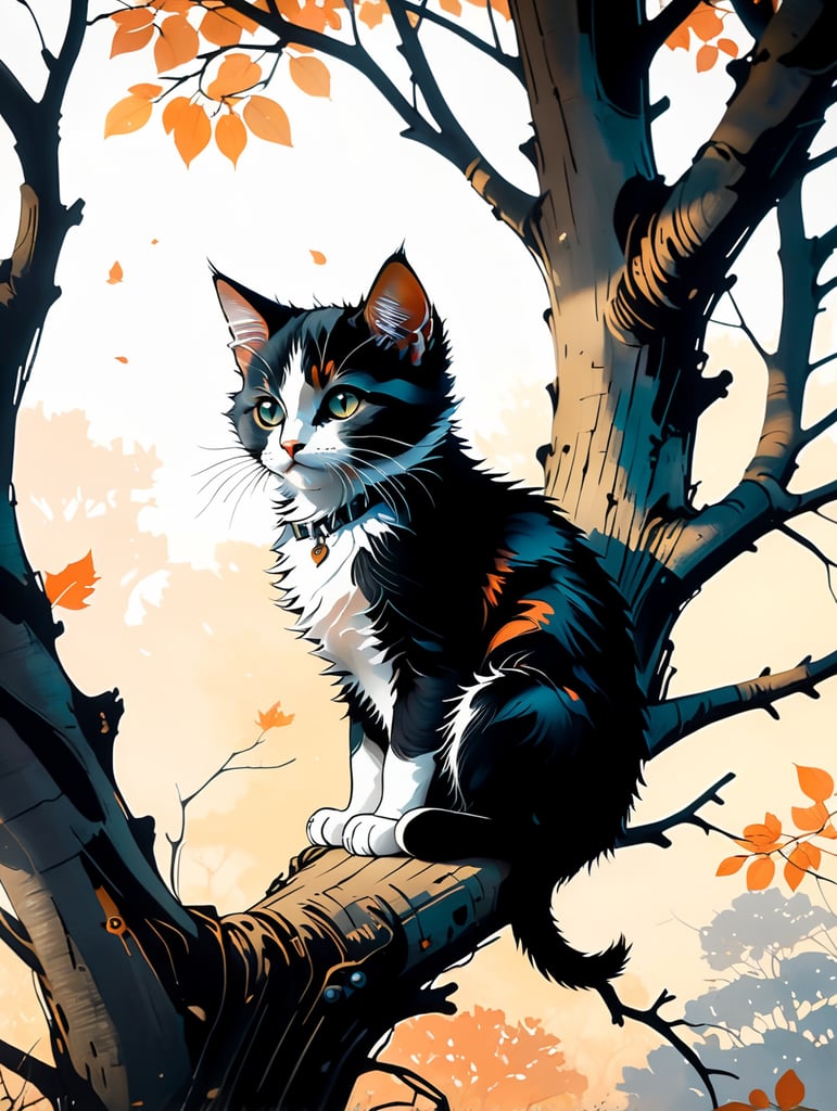 Black and white kitten sitting in a tree looking down