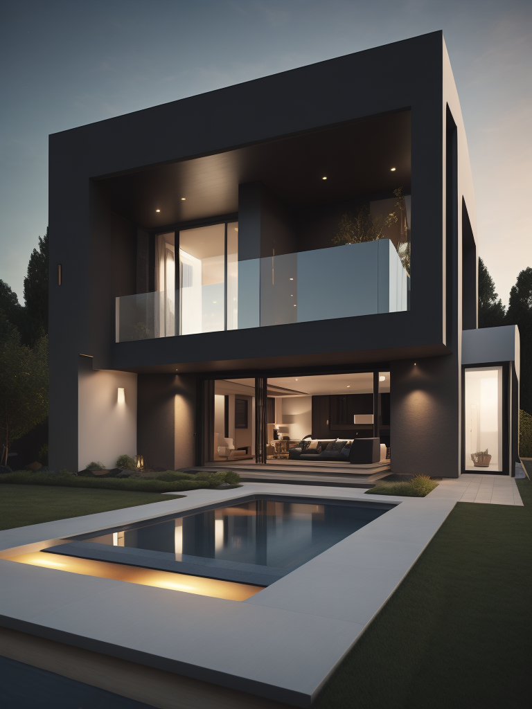 A stunning modern mansion, with clean lines and minimalist design that emphasizes the beauty of the surrounding landscape, featuring luxurious amenities that evoke luxury living and sophistication. Artists: Dario D'Ambrosio, Patricia Urquiola, Ole Scheeren, Cinematic Lighting