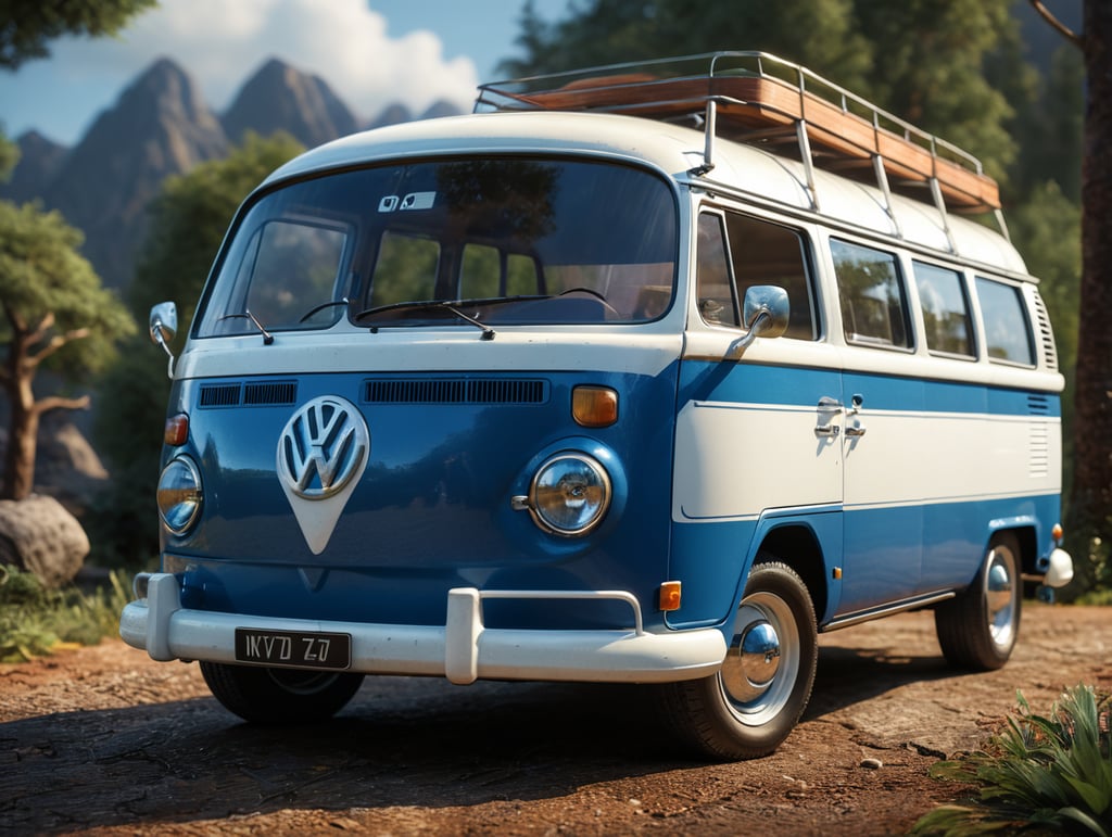 a vintage blue and white Volkswagen kombi,hyper realistic textures, natural textures, elegant, super detailed, photo realistic, ultra realistic, volumetric lighting, detailed 32K, Sony A7S Ill, f 8.0, 1 200. sharp-focus, detailed 64K megapixel. Volumetric lighting, detailed 32K, Sony A7S Ill, f 8.0, 1 200. sharp-focus, megapixel.