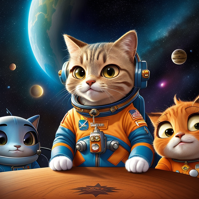 a astronaut cat in a space suit, he is sad and jump, space backround, anthro, very cute kid's film character, disney pixar zootopia character concept artwork, 3d concept, detailed fur, high detail iconic character for upcoming film, trending on artstation, character design, 3d artistic render, highly detailed, octane, blender, cartoon, shadows, lighting, (by Artist Jacek Yerka:1.3)