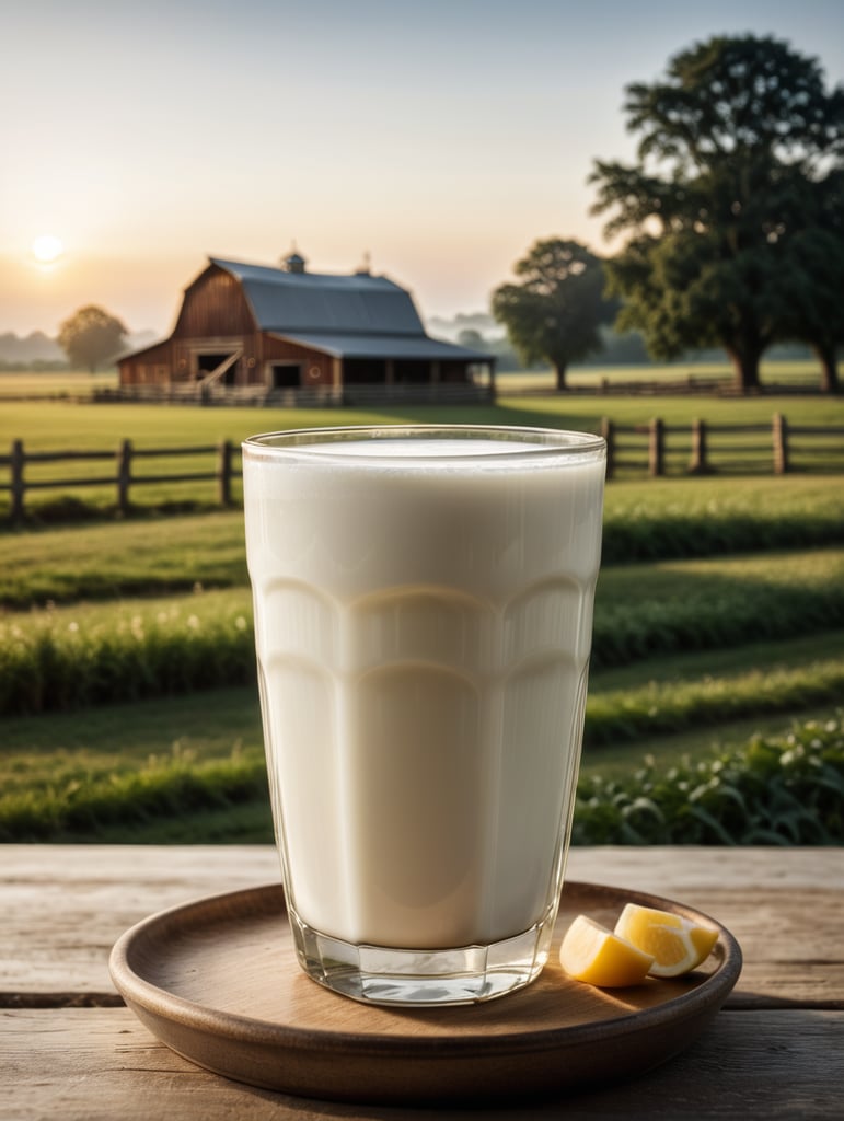 A mockup of a glass of milk, early morning, farm blurred background