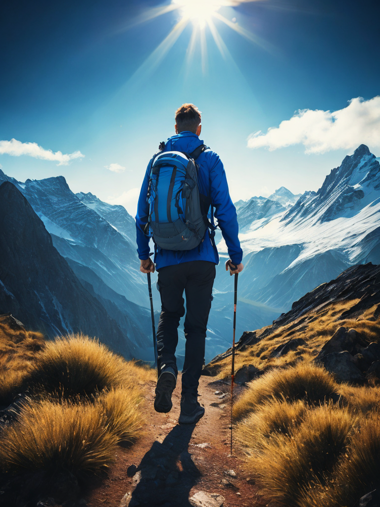 Man hiking in a mountain, brilliant blue sky, serene, peaceful, majestic, high detail, landscape, ultra hd, matte painting, highly detailed, concept art, contrast light, deep colors