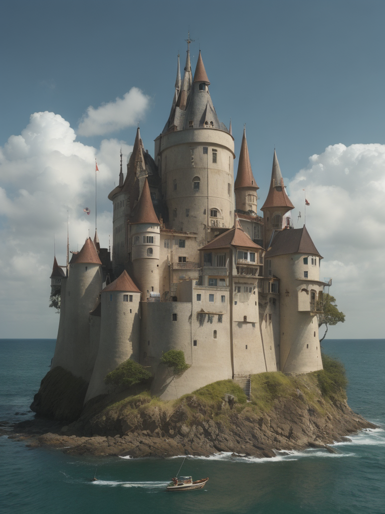 A castle that stands on an island, Around the island there is a sea in which boats and ships, style of Hieronymus Bosch