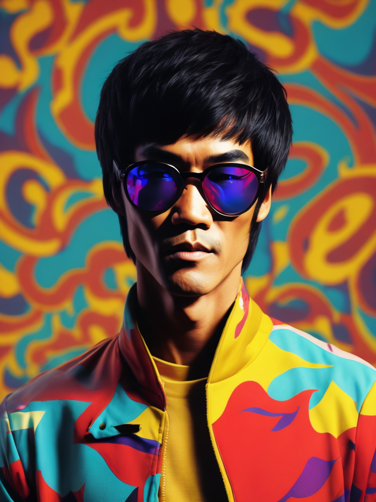 Bruce Lee wearing a brightly patterned jacket and wayfarer glasses, Vivid saturated colors, Contrast color