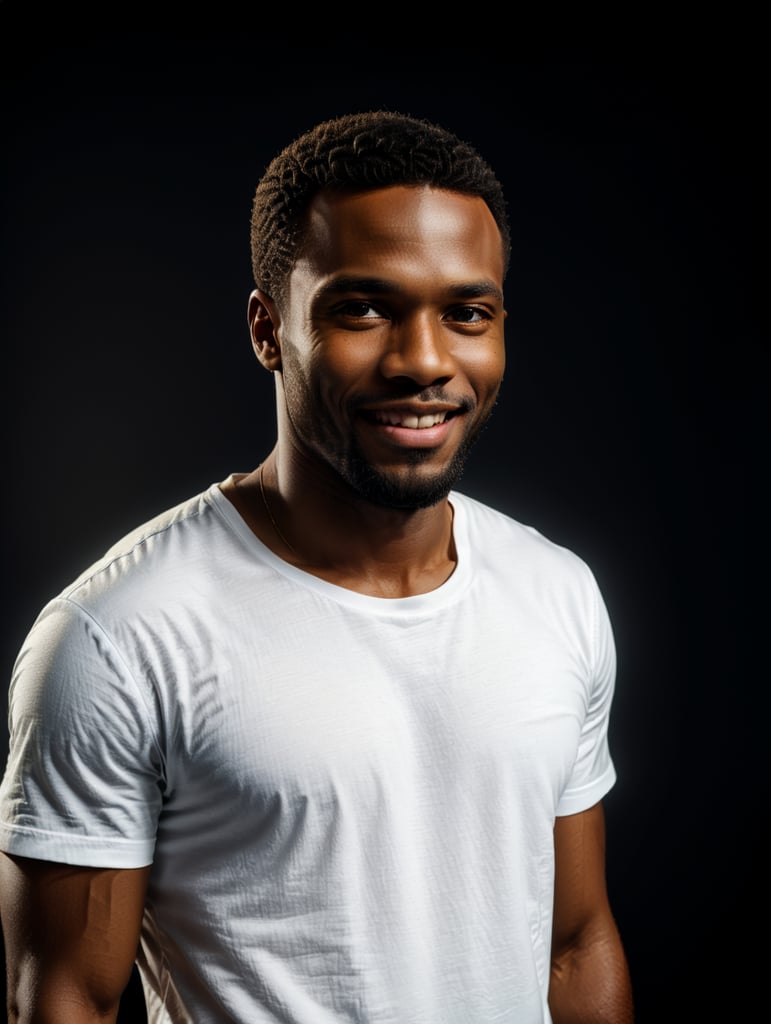 a black African man wearing white t-shirts, standing in front of black background, blank shirt no print, smiling, photo for apparel mock-up