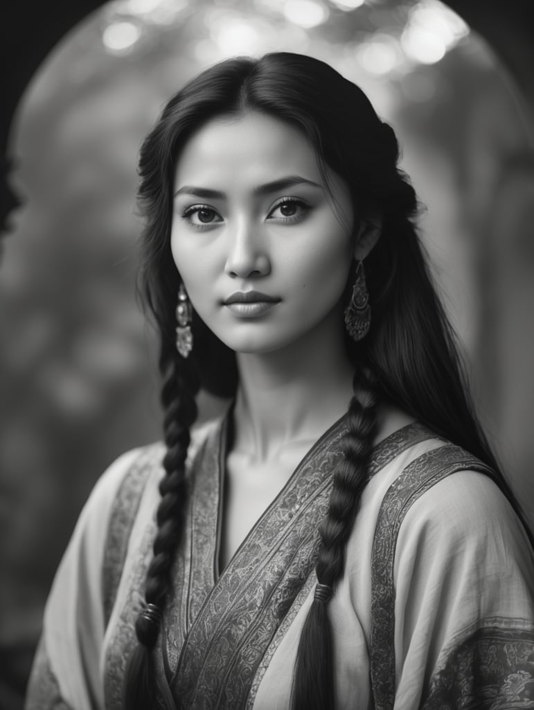 Central Asian woman posing, 30s, Kodak Tri-X 400 black and white, atmospheric impressionism, dark romantic realism, pre-Raphaelite realism, grainy, soft edges and blurred details, captures raw emotion, style of anime aesthetic, dark emerald and light amber, soft edges, distinct facial features, iso 800, photo realistic, 32 k