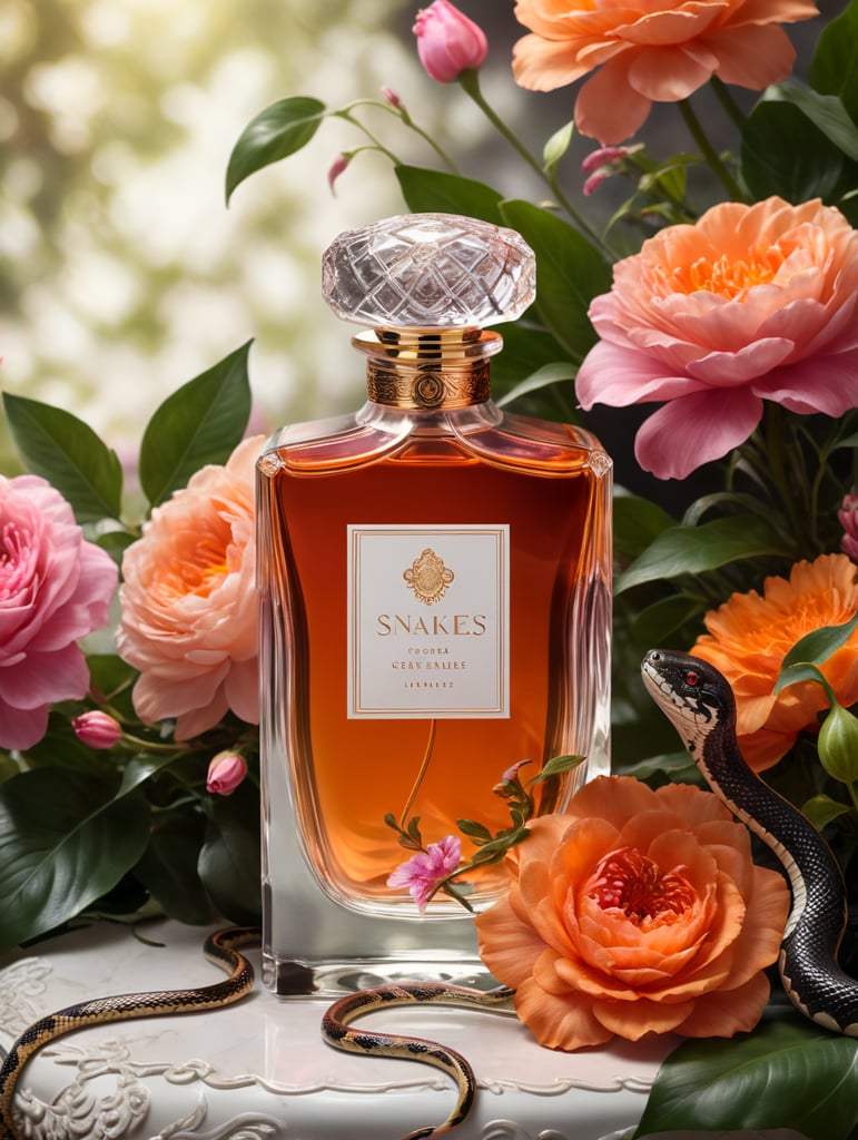 Luxury perfume bottle with blanc label, snakes next to the bottle, floral background, pink and orange flowers