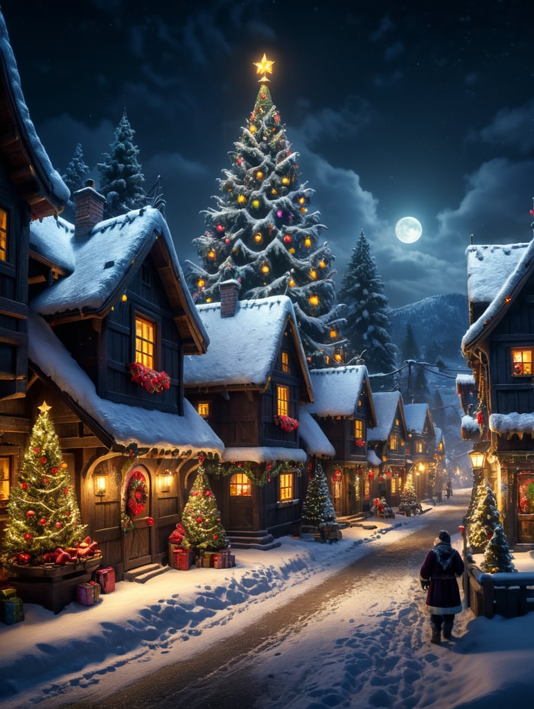 Snowy christmas night village with a focus on santa clause , christmas tree realastic image
