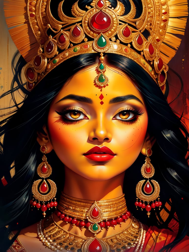 Maa Durga Bengal, rich beautiful red and golden sari, bright makeup, golden jewelry, long black hair, brown eyes, red lips.