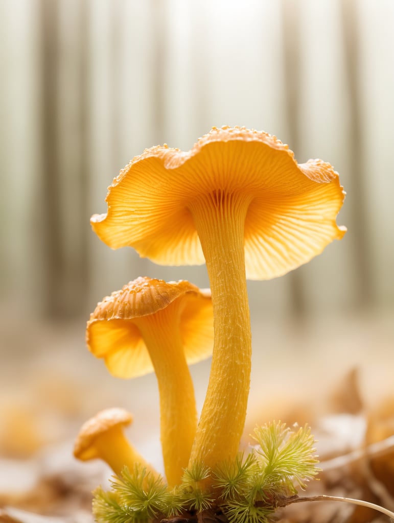 Macro photo of a golden chanterelle mushroom, yellow, forest