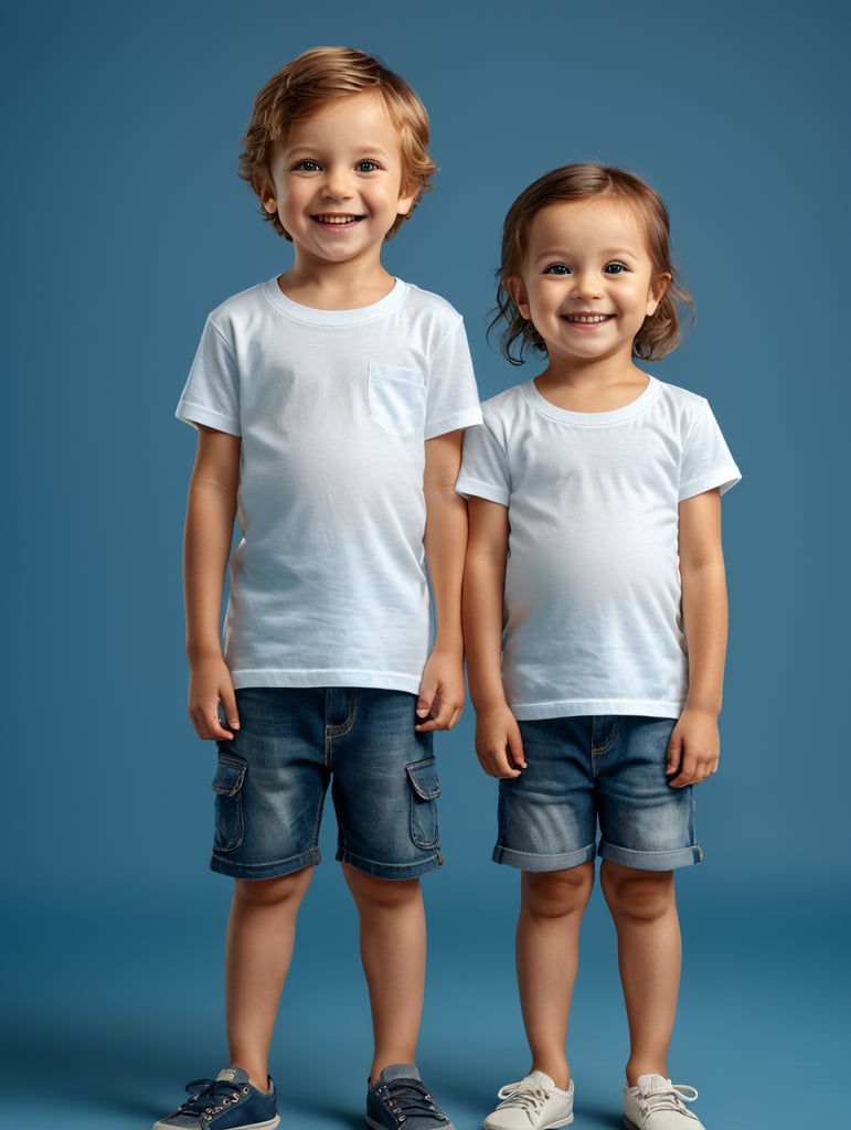 a Little boy and girl wearing white t-shirts, standing in front of blue background, blank shirts no print, 9 years old smiling toddlers, photo for apparel mock-up