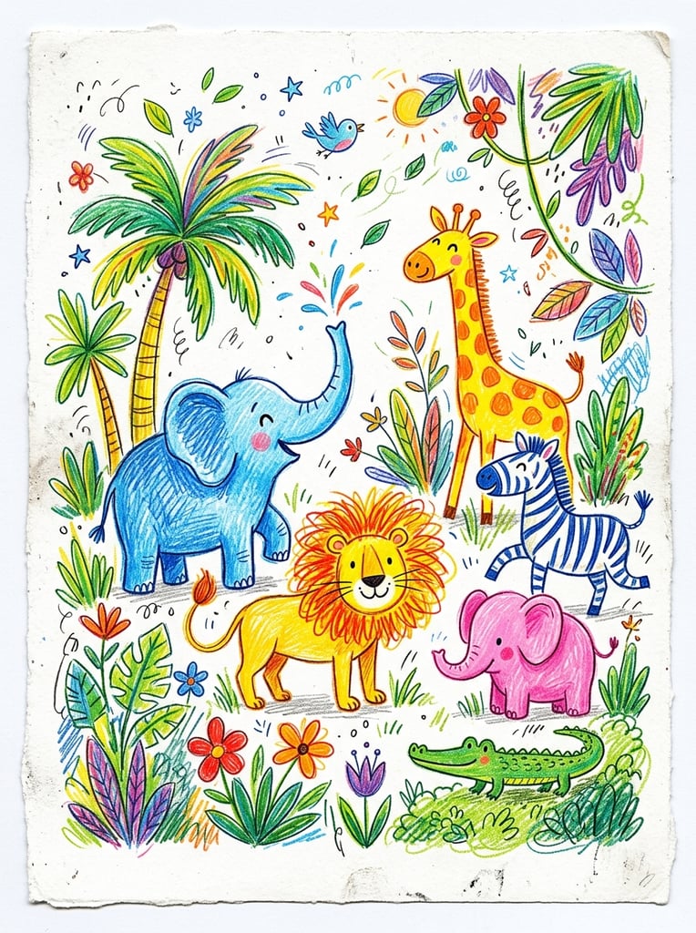 vibrant child-like colored pencil illustration of whimsical jungle animals, blue elephant with raised trunk, yellow lion with orange mane, blue striped zebra, yellow giraffe, pink elephant, small green crocodile, stylized colorful foliage, palm tree, energetic scribbles on white background, naive art style, expressive sketching, bright colorful strokes