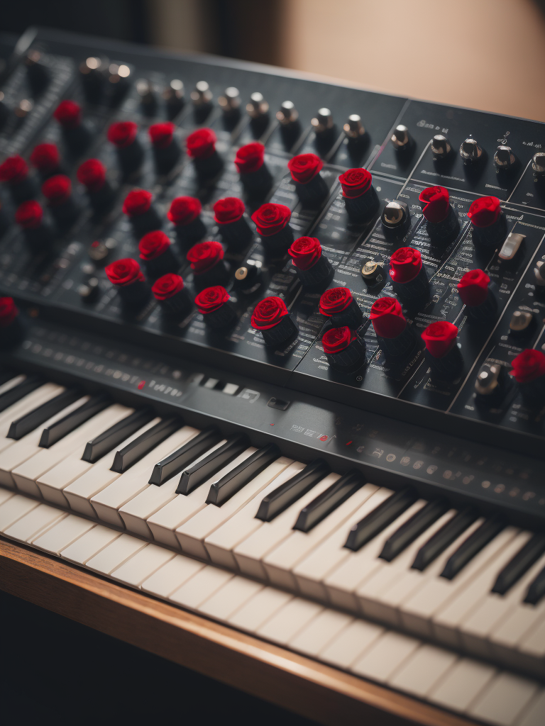 Sintetizador moog con rosas rojas