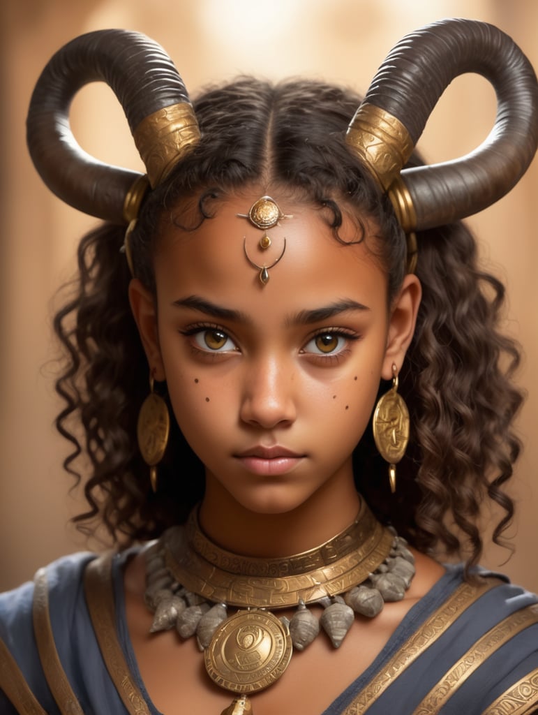 Attractive young teenager girl tiefling with light brown skin, mixed raced, African-european girl, beautiful, stunning, 2 horns, annoyed look in her eyes, golden accessories and drawings on her cheeks like magical runes