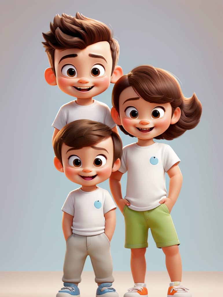 a Little boy and girl wearing white t-shirts, standing in front of ping background, blank shirts no print, 3 years old smiling toddlers, photo for apparel mock-up