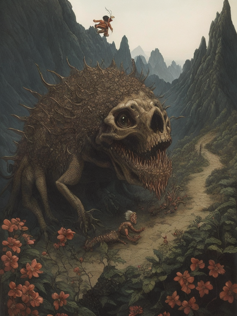 human nearly completely rotten crawling up a mountain to reach the last flower on earth by ernst haeckel