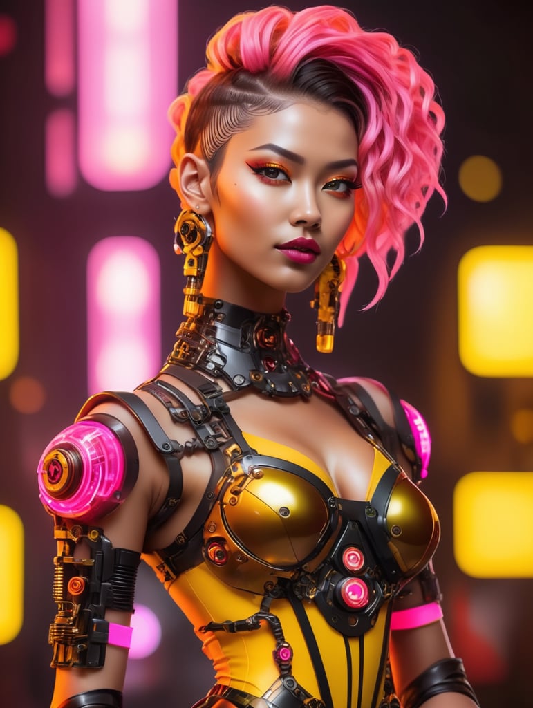 classy slim thick plus size cyberpunk girl with dark brown skin made of translucent plastic, in a dark narrow industrial neon pink red lit dark rugged dance club, dancers around, mechanical arms and cybernetic accessories, fullbodypose, stylish black, yellow and orange hair, translucent materials, beautiful hazy lighting, lodress, styling, tattoos, and her outfit color is yellow with white, gold and orange accents