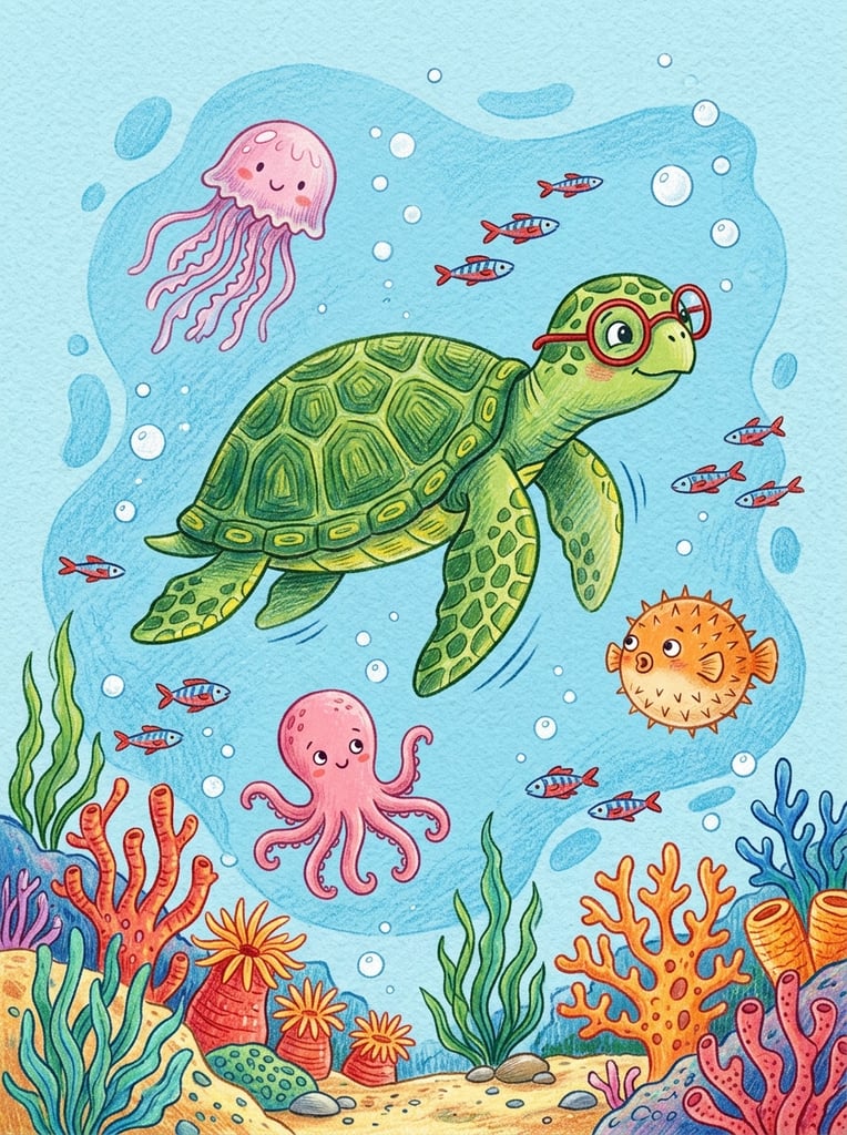 A whimsical colored pencil illustration of a stylized green sea turtle wearing round red glasses, swimming through a textured light blue ocean. The turtle is surrounded by a pink jellyfish, a small pink octopus, an orange spiky pufferfish, and several tiny red and blue striped fish. Vibrant red and orange coral lines the bottom edge alongside subtle white bubbles, all rendered in a flat, playful aesthetic.