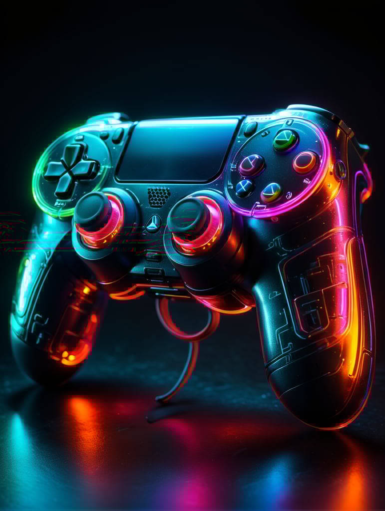 Design a futuristic, neon-colored gaming controller in the style of a playstation controller, glowing neon, semitransparent, deep vibrant colors, high details