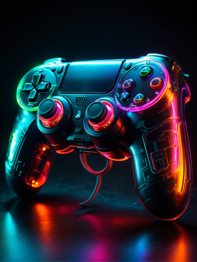 Design a futuristic, neon-colored gaming controller in the style of a playstation controller, glowing neon, semitransparent, deep vibrant colors, high details