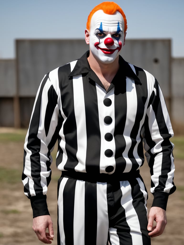 clown in a black and white stripes prison jumpsuit uniform