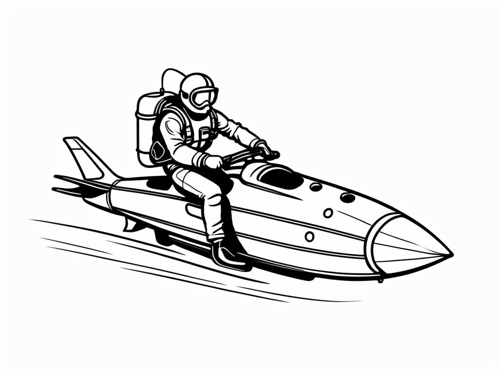 scuba diver riding on a rocket, in the style of basic simple black line art vector comic art on white background