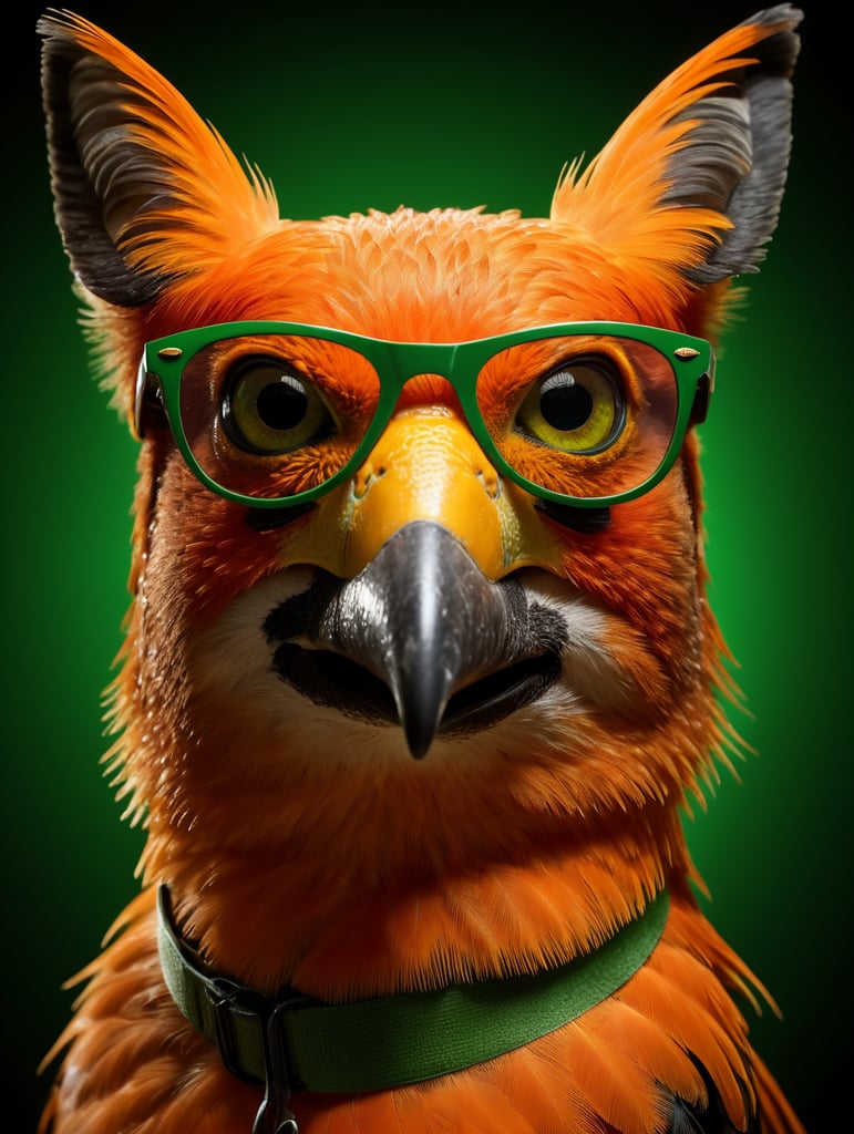 portrait of a orange bird, wearing green sunglasses, green background, bright colors