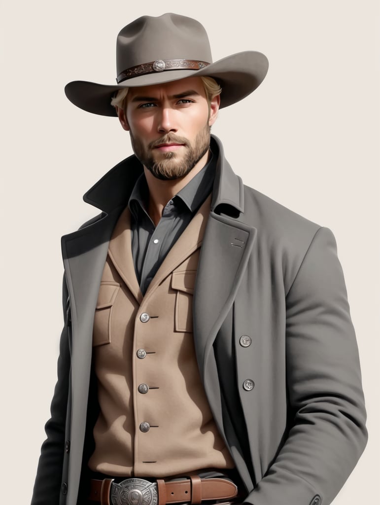 Handdraw, 30 years old blond men, 3days beard, modern western outfit, longcoat grey , melon hat grey, revolver on belt, portrait