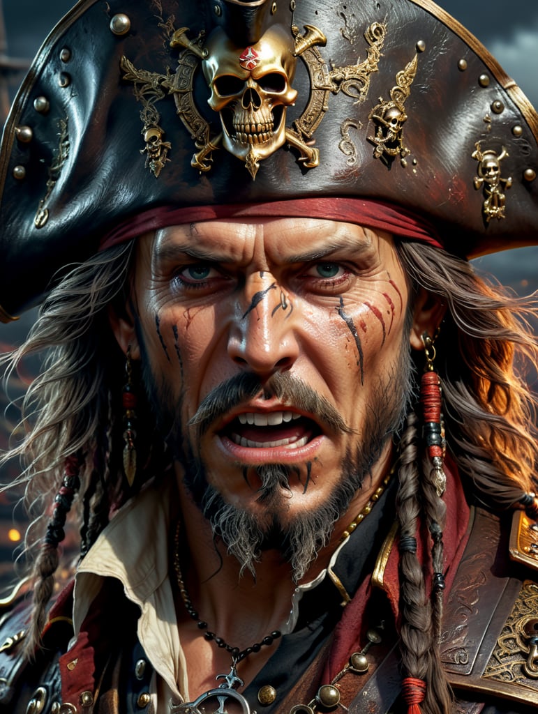 A sensually beautiful pirate captain tears terrified