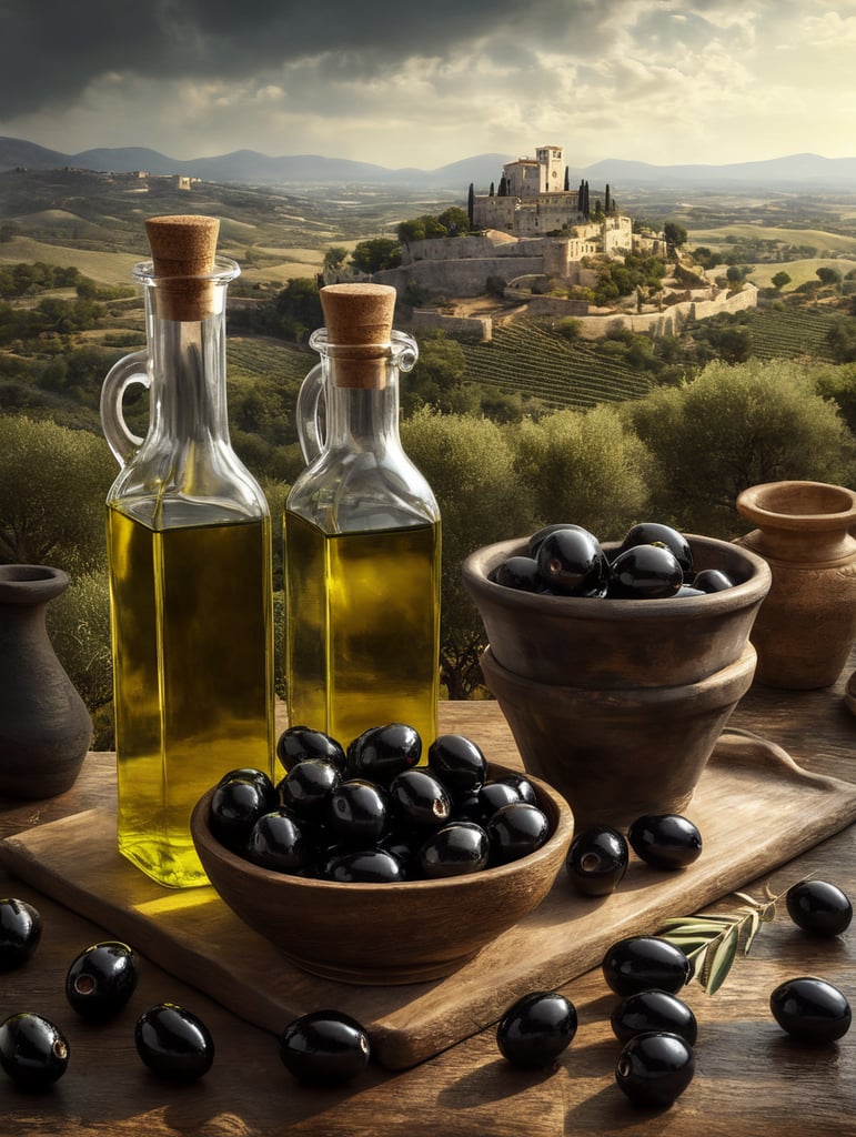 olive oil scene. black olives without holes drizzled with oil and transparent bottles filled with olive oil. The olives should have the right texture, with a backdrop of an olive field with an ancient castle on the horizon.