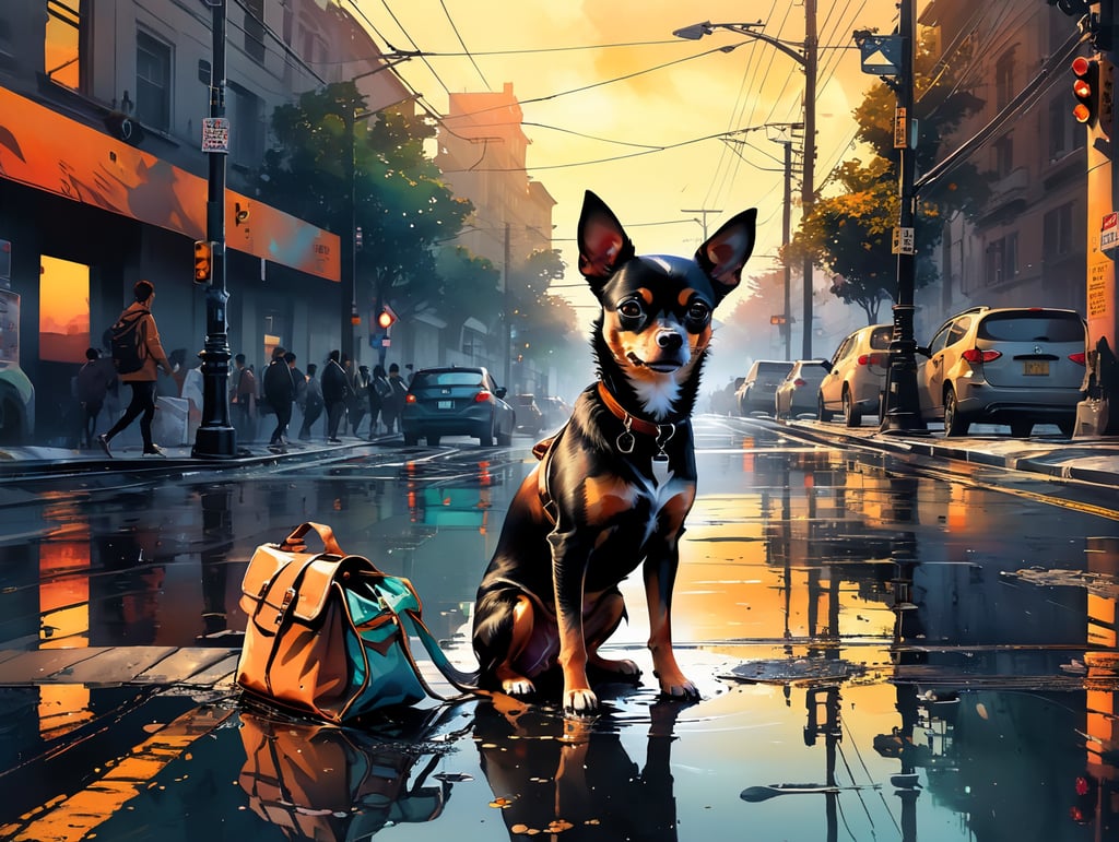 Город. Светофор. Перекресток. Закат. Сумка из цветка. Её несёт собачка чихуахуа . Пьет кофе. Много людей вокруг. Отражение в луже.