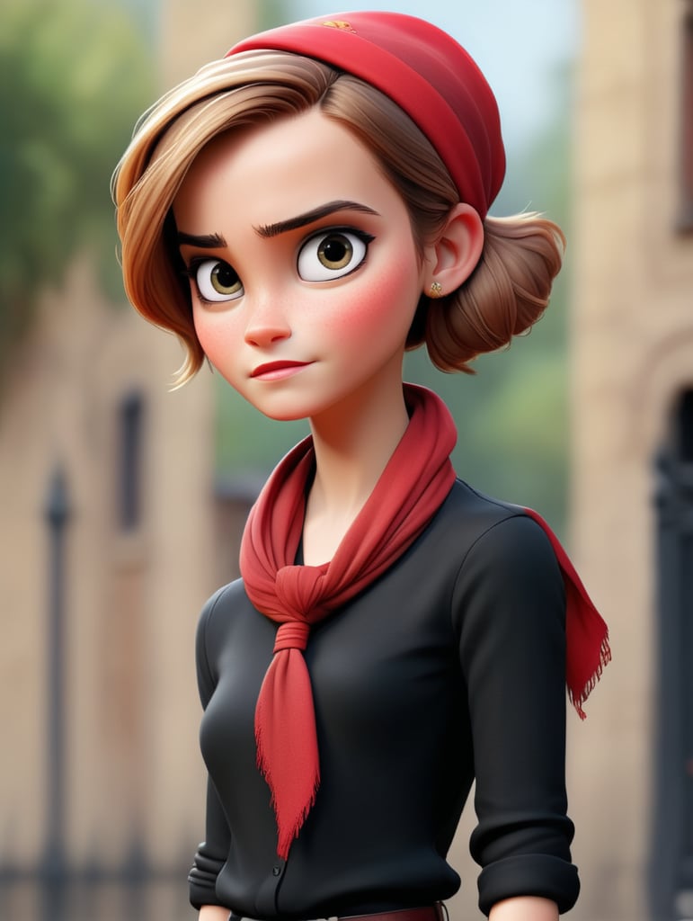 Portrait of Emma Watson wearing black blouse with red scarf, ultra realistic