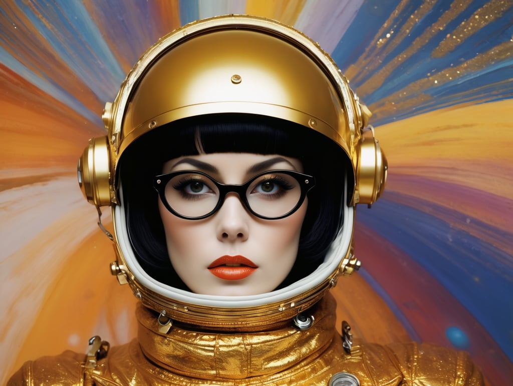 In 1998, abstract fashion photography captured a 1960s astronaut woman in a gold spacesuit with a large helmet and glasses. The art, created by Victor Moscoso and Bridget Riley, used Kodak Ektar 100 film. Carne Griffiths added a touch of magic with fluid art, while artists like Conrad Roset, Ilya Kuvshinov, Mark Fielding, and Zwy Studio emphasized high lights in the eyes. Sergio Lopez and Natalie Shau also contributed to the artwork.