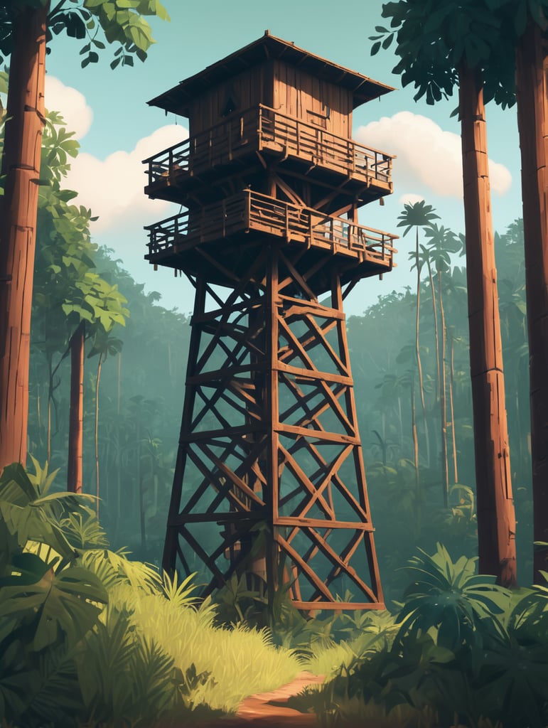 uma torre de vigia de madeira igual a do game firewatch grudada na montanha, em uma floresta tropical arte estilo firewatch game