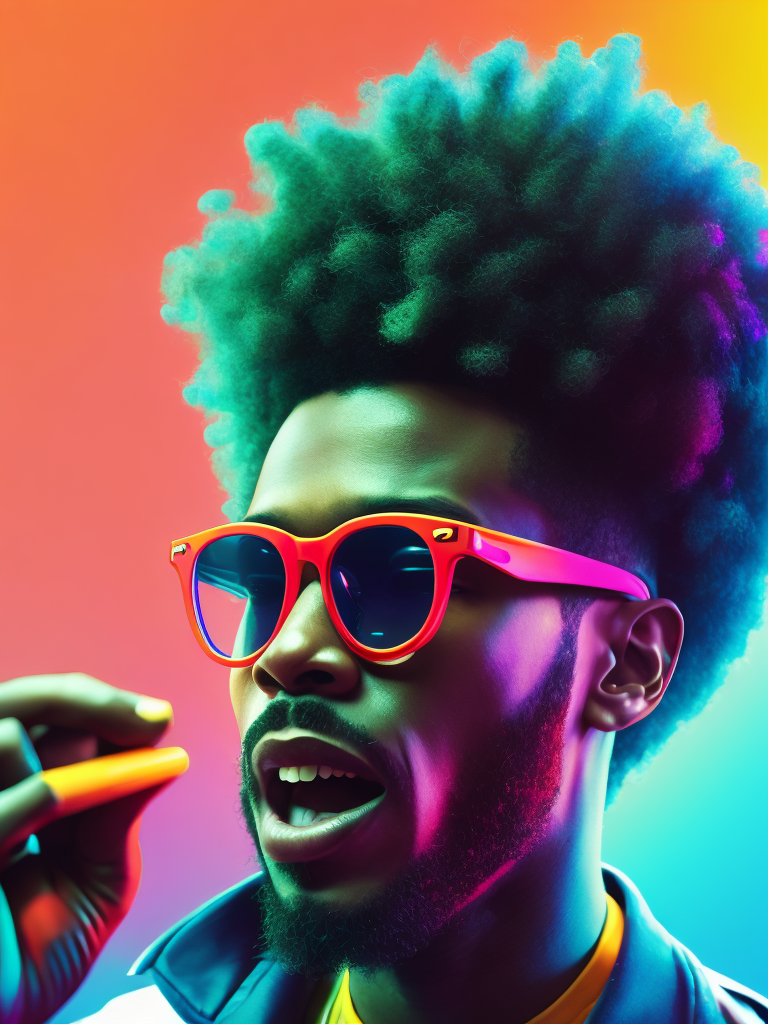 Detailed portrait of the singer the Weekend, Glasses with colored lenses, bright saturated colors, with a small beard, afro hairstyle, bright gradient background,
