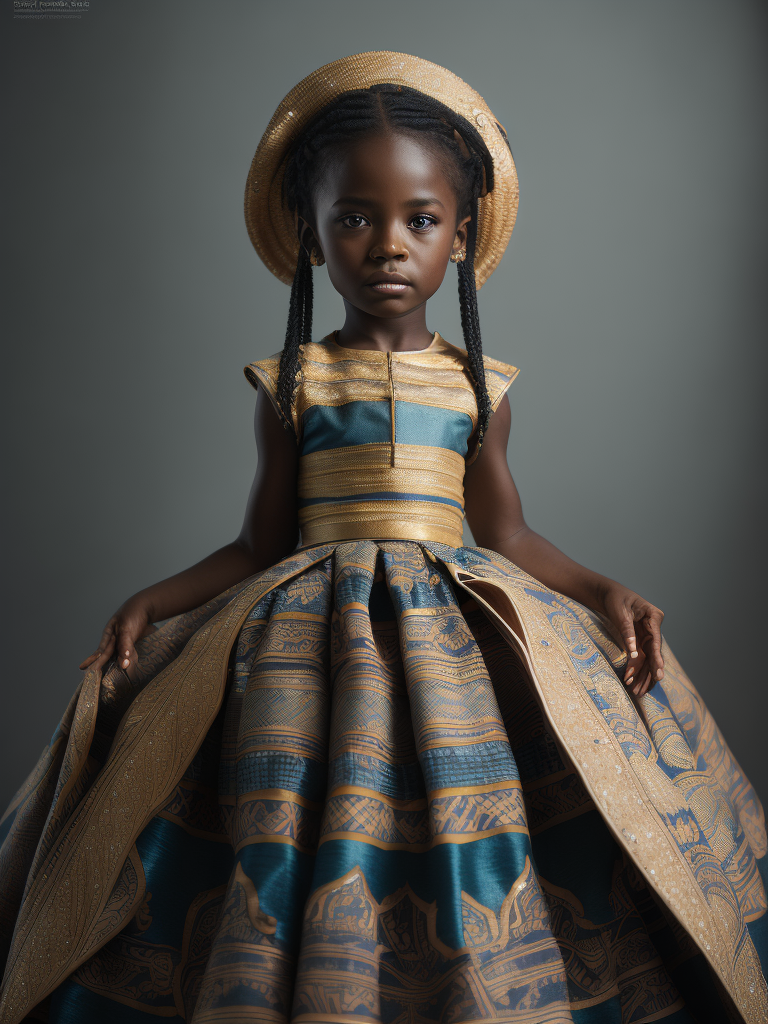 (((cute, sad 5-year-old girl))) from Ghana dressed in a (((typical Ghanaian wedding dress, with yellow and sky blue geometric patterns))), (photoreal: 1.4, lifelike), highly detailed CG unified 8K backgrounds, 1 child, looking at the viewer, ( HQ skin:1.4), 8k uhd, dslr, soft lighting, high quality, film grain, Fujifilm XT3, ((simple, neutral background)).