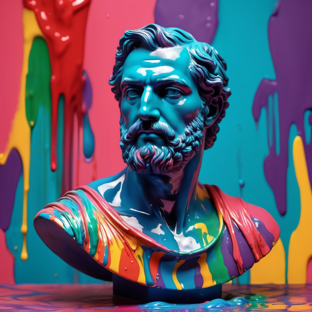 greek male bust with colorful paint, melted, the paint is flowing, aesthetic background