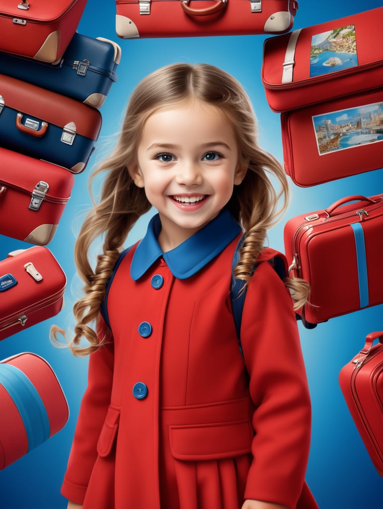 photo happy little girl going to travel, cute girl, dressed in all red, blue background, harpers bizarre, cover, headshot, hyper realistic