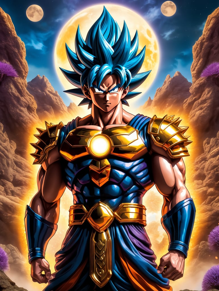 A dynamic scene of the iconic anime character, Son Goku, in his signature Saiyan armor. He stands tall with his muscular build and spiky black hair, exuding an aura of power and confidence. The backdrop is a vibrant, otherworldly landscape filled with floating islands and a bright, full moon. Goku's eyes are closed, his body glowing as he channels his immense energy into a massive golden aura that surrounds him. His arms are stretched out wide, as if preparing to unleash a devastating attack. The art style captures every detail of his form, from the intricate texture of his armor to the individual strands of his hair. The color palette is bold and bright, with shades of gold, blue, and purple dominating the scene. The image is a testament to Goku's strength and the breathtaking artistry of the anime world. detailed eyes 2D