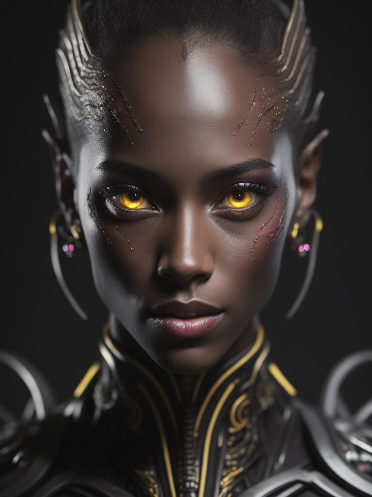Beautiful alien girl with pink skin and yellow eyes, portrait, black background