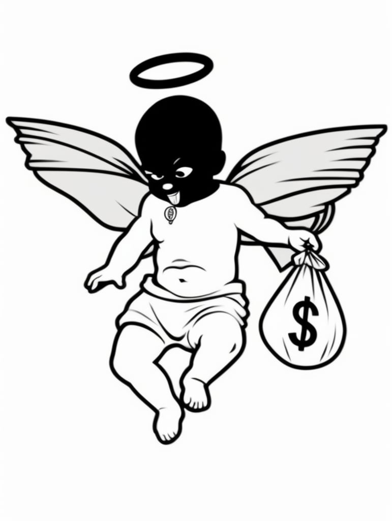 Gangsta baby cheerub boss Sticker with bag of money, in the style of simple black and white line art vector comic art on a white background