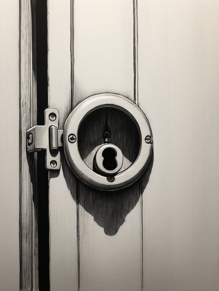 Ink pen sketch, low light, low detail, of a Close-up of the keyhole of a basement door.