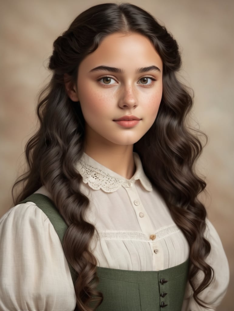 Early Nineteenth century nineteen year old girl, sharp dark brown eyes, small heart shaped face with high cheekbones and fair skin with freckles with dainty nose , long natural wavy hair
